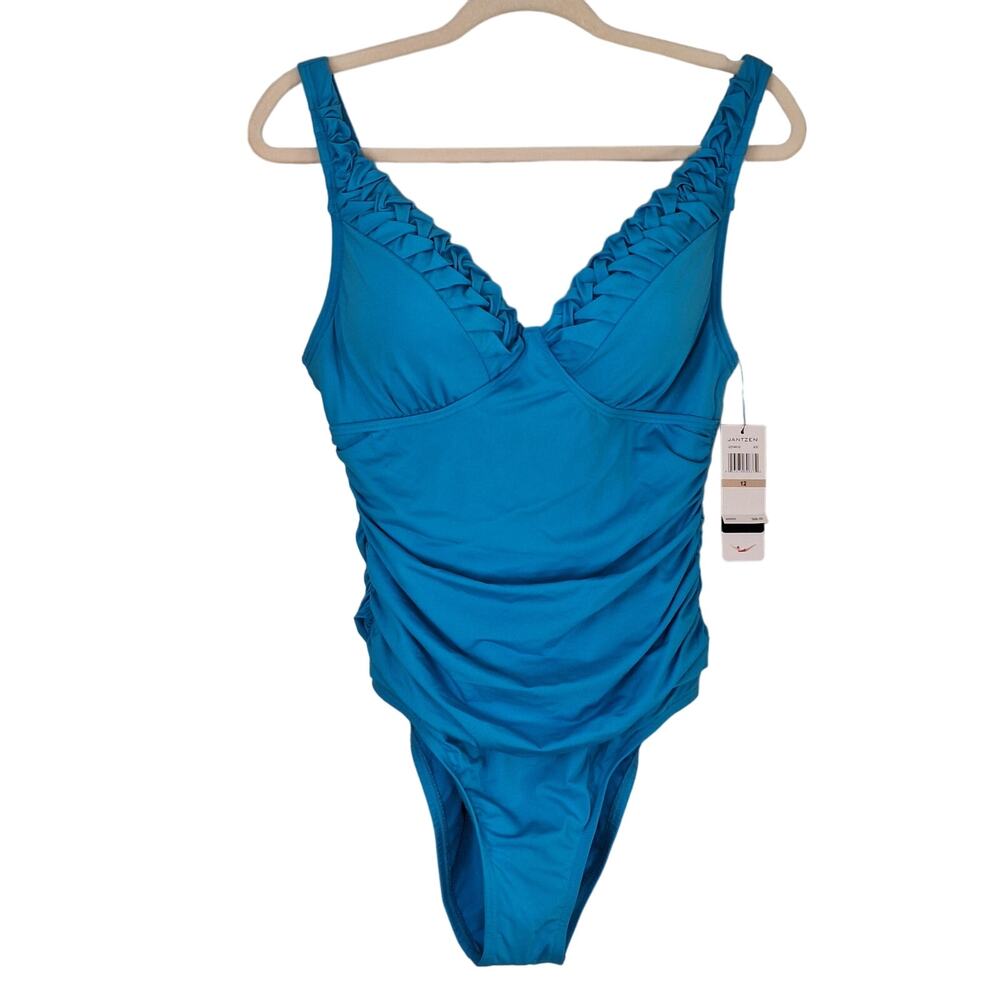 Jantzen (Women's 12) One Piece Swimsuit Turquoise Blue Ruching Braided Neckline